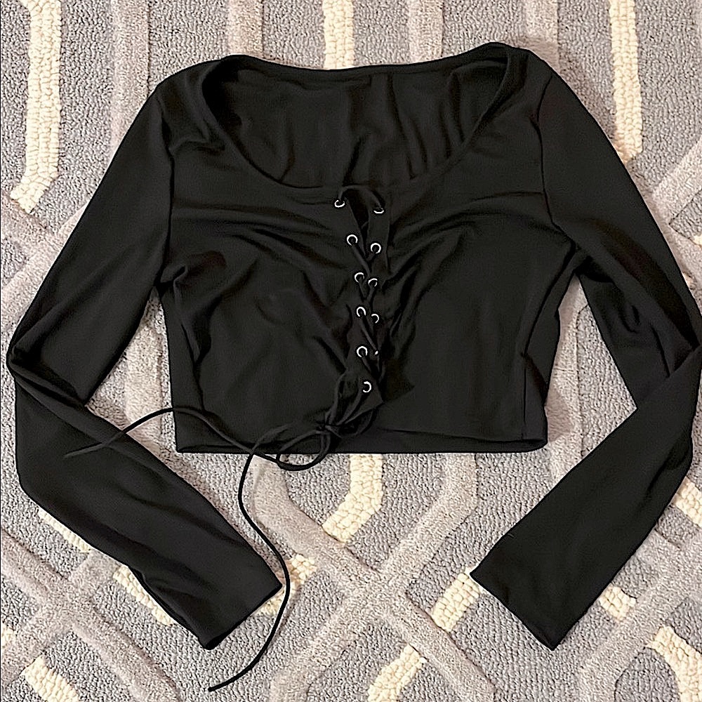 Black Lace-Up Long Sleeve Top